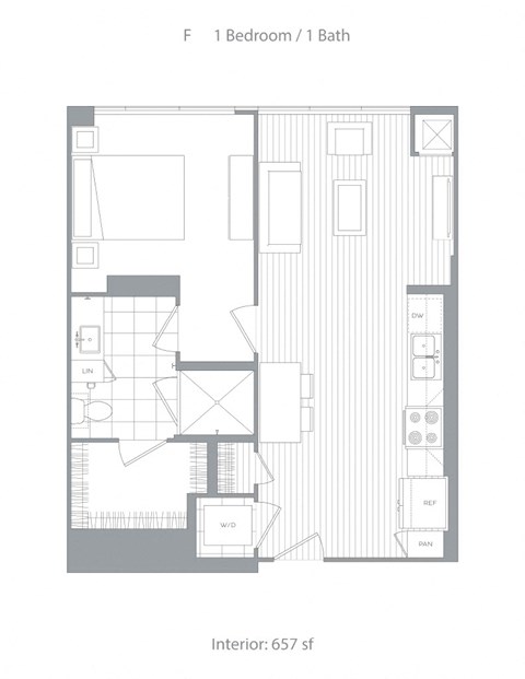 Floor plan for 1 bed, 1 bath, 657 sqft